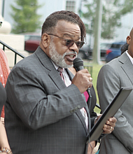 Virginia NAACP President Cozy Bailey speaking to a crowd in front of the Shenandoah County Circuit Court on June 11, 2024.