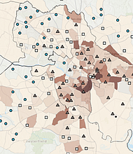 Map detail from the “Live and Learn” website recently launched by the University of Richmond. Darker shades represent areas with some subsidized affordable housing; the triangles in those areas indicate low reading proficiency among students, while the blue dots in areas without affordable housing indicate high reading proficiency. These disparities also closely reflect the racial geography of our region.