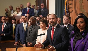 Speaker of the House Dustin Burrows speaks at a news conference at the Capitol in Austin, on August 4.
Mandatory Credit:	Jay Janner/Austin American-Statesman/Getty Images via CNN Newsource