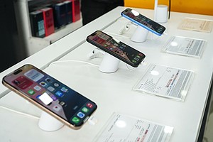 Apple's iPhone 16 series are displayed for sale at an electronics store in Srinagar, Jammu and Kashmir, on April 17.
Mandatory Credit:	Firdous Nazir/NurPhoto/Getty Images via CNN Newsource