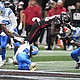 Detroit Lions safety Morice Norris  is hit in the helmet by Atlanta Falcons running back Nathan Carter (38) during the second half of an NFL preseason football game Friday.
Mandatory Credit:	Brynn Anderson/AP via CNN Newsource