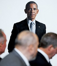 The official White House portrait of former President Barack Obama is displayed in the East Room of the White House, in September 2022.
Mandatory Credit:	Evelyn Hockstein/Reuters/File
