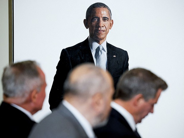 The official White House portrait of former President Barack Obama is displayed in the East Room of the White House, in September 2022.
Mandatory Credit:	Evelyn Hockstein/Reuters/File