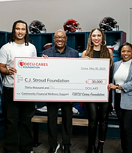 Pictured (L to R): TDECU Chief Growth Officer Josh Brian, Houston Texans quarterback C.J. Stroud, TDECU President and CEO Isaac Johnson, C.J. Stroud Foundation President Kimberly Stroud, TDECU VP – Executive Director of the TDECU Cares Foundation Crystal Harris, and TDECU SVP – Marketing and Brand Laura Whitley. (Photo Courtesy: TDECU / TDECU)
