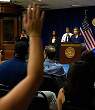 District of Columbia Mayor Muriel Bowser speaks as Metropolitan Police Department Chief Pamela Smith, on stage third left, and DC Fire and EMS Chief John Donnelly, on stage second right, listen during a news conference  on August 11 in Washington, DC.
Mandatory Credit:	Julia Demaree Nikhinson/AP via CNN Newsource