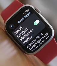 This illustration photo shows an Apple Watch 9 displaying the blood-oxygen level detection settings.
Mandatory Credit:	Chris Delmas/AFP/Getty Images via CNN Newsource