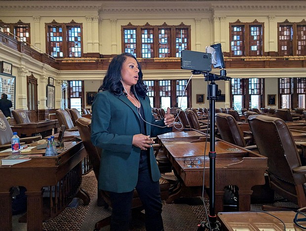 State Rep. Nicole Collier talks on the phone from the floor of the House, where she has chosen to remain until Wednesday, after Democratic lawmakers who had left the state to prevent Republicans from redrawing Texas’s 38 congressional districts returned to the Capitol in Austin, Texas, on August 18, 2025.
Mandatory Credit:	Gene Wu/Handout/Reuters via CNN Newsource