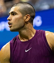 Carlos Alcaraz shows off his new trim during his first-round match at the US Open.
Mandatory Credit:	Mike Frey/Imagn Images/Reuters via CNN Newsource