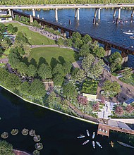 Concept illustrations of Brown’s Island showing proposed features such as play areas and shade trees as part of the $30 million improvement project