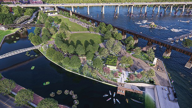 Concept illustrations of Brown’s Island showing proposed features such as play areas and shade trees as part of the $30 million improvement project