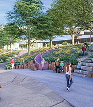 Concept illustrations of Brown’s Island showing proposed features such as play areas and shade trees as part of the $30 million improvement project