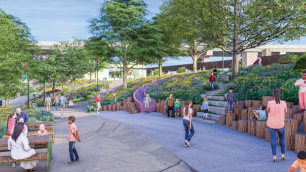 Concept illustrations of Brown’s Island showing proposed features such as play areas and shade trees as part of the $30 million improvement project