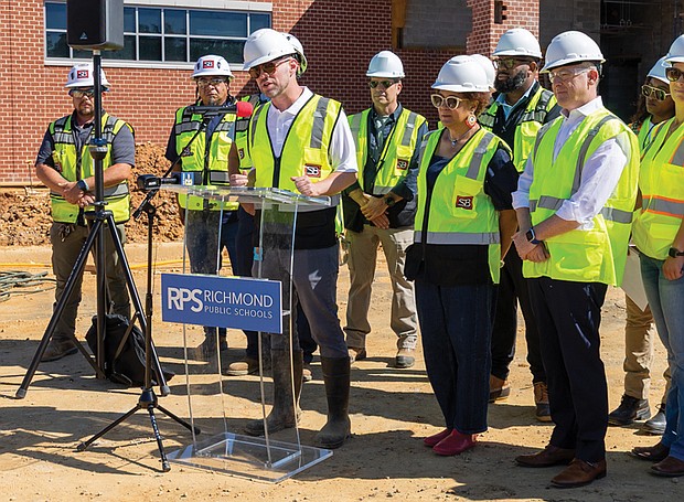 Patrick Harrel, RPS’s new chief operating officer, speaks to the media on Friday, Aug.
22, during a tour of the new Richmond High School for the Arts.