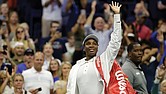 Venus Williams, of the United States, waves to fans after being defeated by Karolina Muchova, of the Czech Republic, during the first round of the U.S. Open tennis championships, Monday, Aug. 25, 2025, in New York.