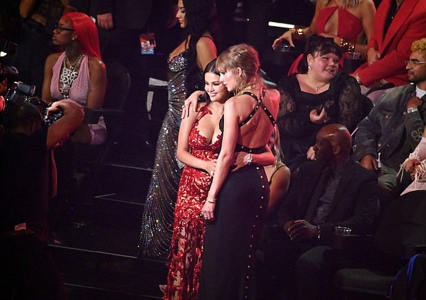 Selena Gomez and Taylor Swift are pictured at the 2023 MTV Video Music Awards.
Mandatory Credit:	Noam Galai/Getty Images via CNN Newsource