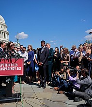 Haley Robson answers reporters' questions during a news conference with other alleged victims of disgraced financier and sex trafficker Jeffrey Epstein, outside the US Capitol on Wednesday, September 3.
Mandatory Credit:	Chip Somodevilla/Getty Images via CNN Newsource