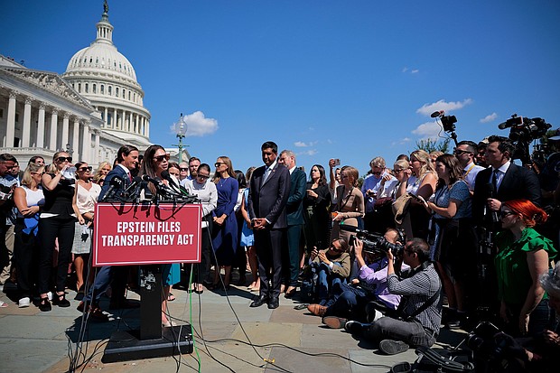 Haley Robson answers reporters' questions during a news conference with other alleged victims of disgraced financier and sex trafficker Jeffrey Epstein, outside the US Capitol on Wednesday, September 3.
Mandatory Credit:	Chip Somodevilla/Getty Images via CNN Newsource