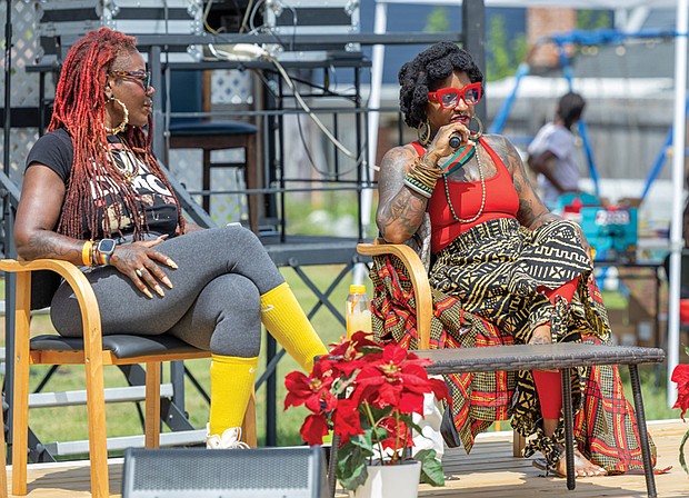 Taj Anwar Baoll participates in the “Til We All Free: A Dialogue on Family, Sisterhood and Thriving in These Times” panel discussion with TanyaDenise Fields during the festival.