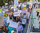 Demonstrators head west on Broad Street during the “Workers Over Billionaires” Labor Day March in Richmond on Monday, Sept. 1. After remarks from local activists and community members at Monroe Park, the march, co-sponsored by RVA Indivisible and the 50501 Movement, proceeded to Lombardy Street, then Franklin Street, and returned to Monroe Park.