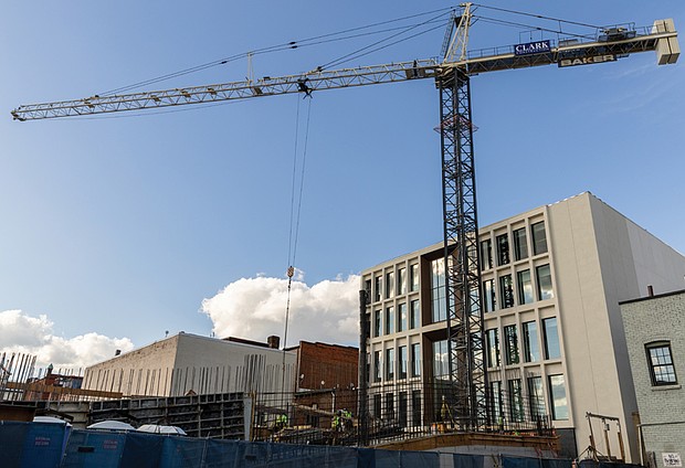 The rear of the future VPM building on Broad Street in downtown Richmond is under construction Tuesday, Sept. 2. The five-story, 53,000-square-foot facility is expected to open in 2026. The new headquarters will feature a visible newsroom, a street-level community studio and an event space designed to host audiences and civic programming. It is being developed on a former parking lot at 15 E. Broad St.