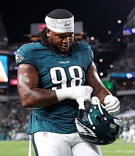 Philadelphia Eagles defensive lineman Jalen Carter was ejected for spitting at an opponent in the season-opening game against the Dallas Cowboys.
Mandatory Credit:	Bill Streicher/Imagn Images/Reuters via CNN Newsource