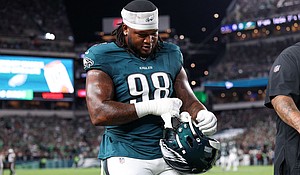 Philadelphia Eagles defensive lineman Jalen Carter was ejected for spitting at an opponent in the season-opening game against the Dallas Cowboys.
Mandatory Credit:	Bill Streicher/Imagn Images/Reuters via CNN Newsource