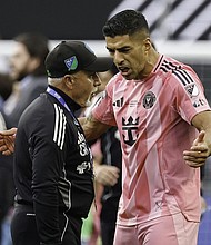 Luis Suárez shouts at a Seattle Sounders staff member during the altercation.
Mandatory Credit:	Alika Jenner/Getty Images via CNN Newsource