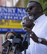Chicago Mayor Brandon Johnson speaks during a news conference in front of Nash Elementary School in Chicago on Friday, Sept. 5.