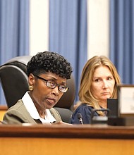 Richmond City Council President Cynthia Newbille, 7th District, speaks before a vote to authorize a $5.8 million payment to Marvin Grimm, who was wrongfully convicted.