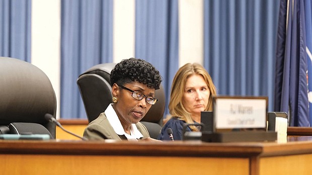 Richmond City Council President Cynthia Newbille, 7th District, speaks before a vote to authorize a $5.8 million payment to Marvin Grimm, who was wrongfully convicted.