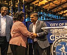 Chief Administrative Officer Odie Donald, recreation program specialist Sureatha H. McGhee and Mayor Danny Avula at the 2025 City of Richmond Service Award Ceremony. McGhee and Wesley E. Fox were honored for 50 years of service.