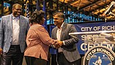 Chief Administrative Officer Odie Donald, recreation program specialist Sureatha H. McGhee and Mayor Danny Avula at the 2025 City of Richmond Service Award Ceremony. McGhee and Wesley E. Fox were honored for 50 years of service.