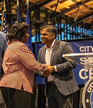 Chief Administrative Officer Odie Donald, recreation program specialist Sureatha H. McGhee and Mayor Danny Avula at the 2025 City of Richmond Service Award Ceremony. McGhee and Wesley E. Fox were honored for 50 years of service.