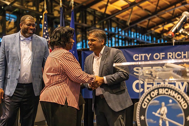 Chief Administrative Officer Odie Donald, recreation program specialist Sureatha H. McGhee and Mayor Danny Avula at the 2025 City of Richmond Service Award Ceremony. McGhee and Wesley E. Fox were honored for 50 years of service.