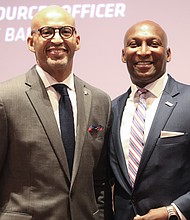 (l to r) Cadence Bank's Jerrell Moore, senior EVP and chief human resources officer, and SIAC Commissioner Anthony Holloman, Ed.D. announce Cadence Bank as the official banking sponsor of the Southern Intercollegiate Athletic Conference (SIAC), furthering the bank's vision of helping people, companies and communities prosper. Photo courtesy of SIAC/Jaymonte McLeod.
