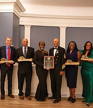 Serving with honors-The Black Tennis Hall of Fame Class of 2025 is recognized during the 17th annual induction ceremony Sept. 20
at the Virginia Museum of History & Culture in Richmond. Honorees are E. Lilyan Spencer, Junius Chatman, Traci Green, Mashona Washington, Dan Santorum and Donald E. Widener. Hall President and CEO Shelia Curry stands in the middle, with board members Irv Cantor, left, and David Harris, right.