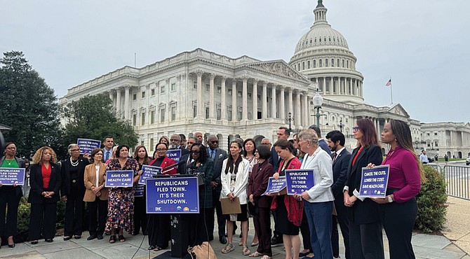 Yvette Clarke, chair of the Congressional Black Caucus and a New York Democrat, speaks at a news conference outside the U.S. Capitol in Washington on Sept. 30.