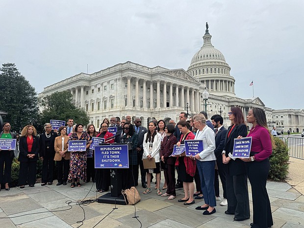 Yvette Clarke, chair of the Congressional Black Caucus and a New York Democrat, speaks at a news conference outside the U.S. Capitol in Washington on Sept. 30.