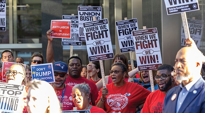 At a news conference Monday, Oct. 6, outside City Hall, dozens of educators, local lawmakers and community members rally to urge the Richmond School Board to reject a proposal that would roll back collective bargaining rights for Richmond Public Schools employees.