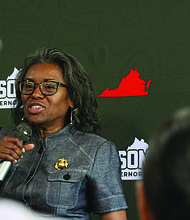 Republican gubernatorial nominee Winsome Earle-Sears, shown at a campaign event in August, faces scrutiny over inconsistencies in her financial disclosures, including undisclosed trips and a $12,000 gift reported in violation of Virginia ethics rules.