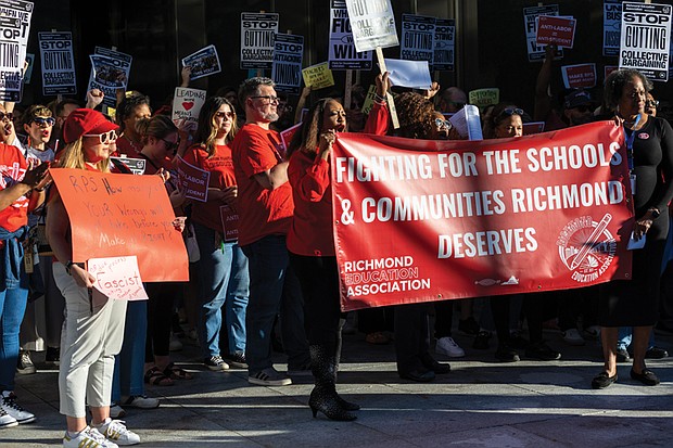 Dozens of educators, local lawmakers and community members rally to urge the Richmond School Board to reject a collective bargaining proposal. (Julianne Tripp Hillian/Richmond Free Press)