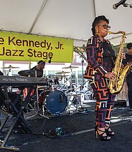 Fun first at Second-Street Festival-The 2nd Street Festival marked its 37th anniversary Oct. 4-5, filling Richmond’s historic Jackson Ward with music, food and community spirit. The annual event celebrates the culture and legacy of Jackson Ward — once known as “the Harlem of the South” — and the neighborhood’s role as the heart of Richmond’s Black community. The free festival featured three stages of live entertainment, a Kidz Zone, food vendors, an Artists Row, and a marketplace showcasing local talent and craftsmanship. The MeLinda Ford Quartet performs at the Joe Kennedy,
Jr. Jazz Stage, blending classic and contemporary jazz with smooth rhythms.(Julianne Tripp Hillian/Richmond Free Press)