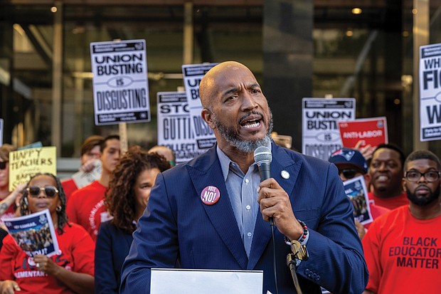 Delegate Mike Jones of the 77th District speaks at a rally outside City Hall. (Julianne Tripp Hillian/Richmond Free Press)
