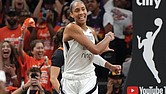 Las Vegas Aces center A’ja Wilson reacts after a play against the Phoenix
Mercury during the second half of Game 3 of the WNBA basketball finals,
Wednesday, Oct. 8.