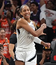Las Vegas Aces center A’ja Wilson reacts after a play against the Phoenix
Mercury during the second half of Game 3 of the WNBA basketball finals,
Wednesday, Oct. 8.