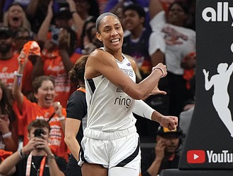 Las Vegas Aces center A’ja Wilson reacts after a play against the Phoenix
Mercury during the second half of Game 3 of the WNBA basketball finals,
Wednesday, Oct. 8.