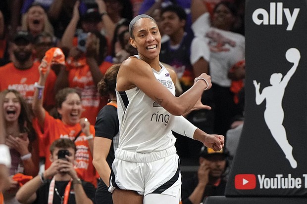 Las Vegas Aces center A’ja Wilson reacts after a play against the Phoenix
Mercury during the second half of Game 3 of the WNBA basketball finals,
Wednesday, Oct. 8.