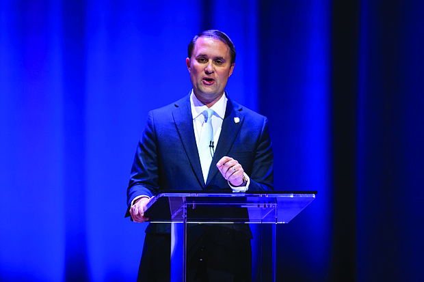 Republican incumbent Jason Miyares participates in the Virginia attorney general debate in Richmond on Oct. 16.