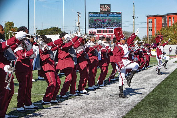 The Ambassadors of Sound, Virginia Union University’s marching band, fires up the sidelines during the game. (James Haskins/Richmond Free Press)