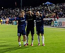 Nils Seufert, Emiliano Terzaghi and Adrian Billhardt celebrate during the Kickers’ fivegoal finale against Forward Madison.